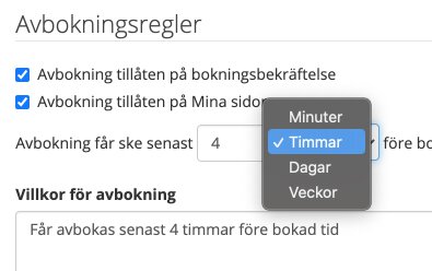Tillåt avbokning med ny inställning via Inställningar > Bokningar > Avbokningsregler